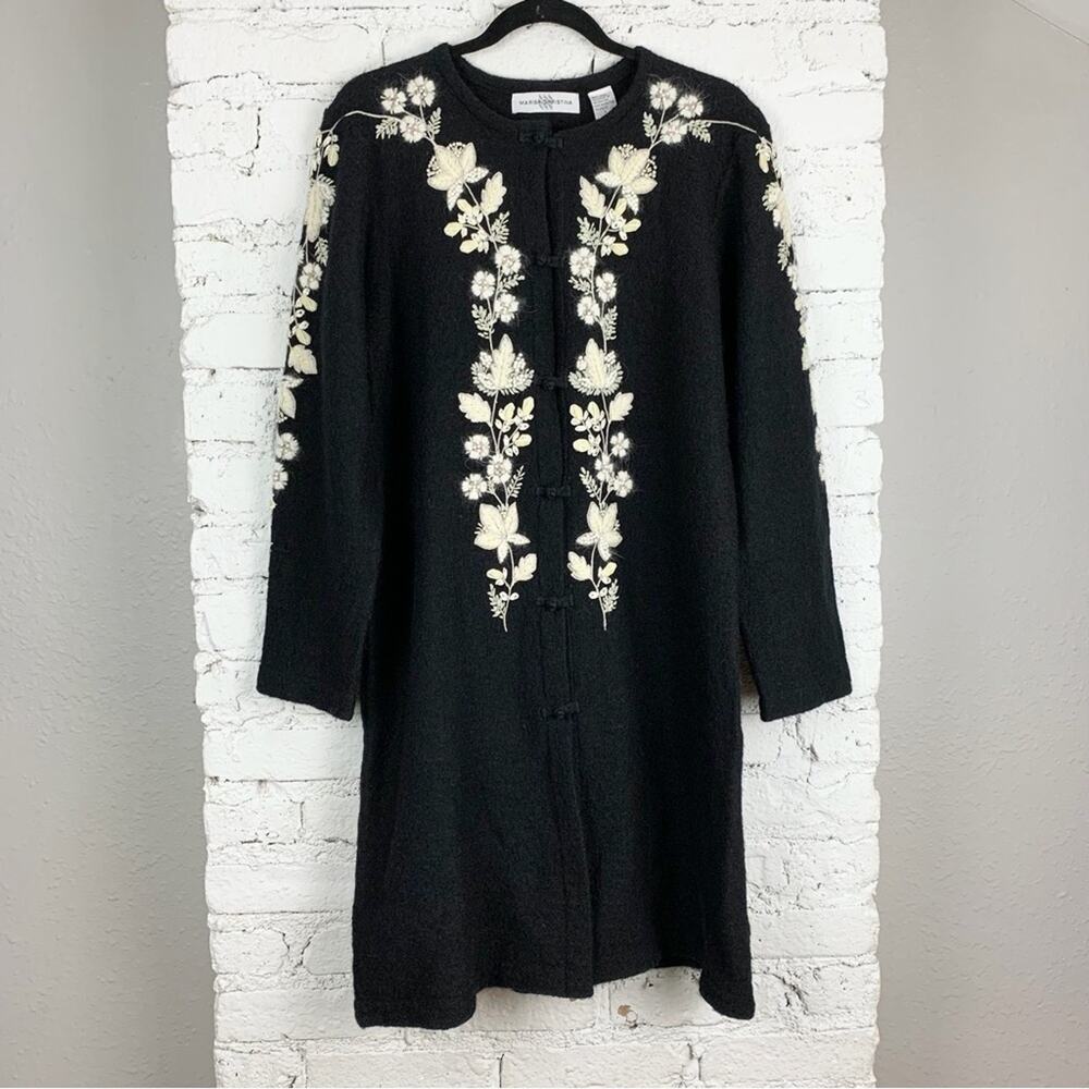 Marisa Christina Black White Wool Angora Button Down Long Cardigan Large New